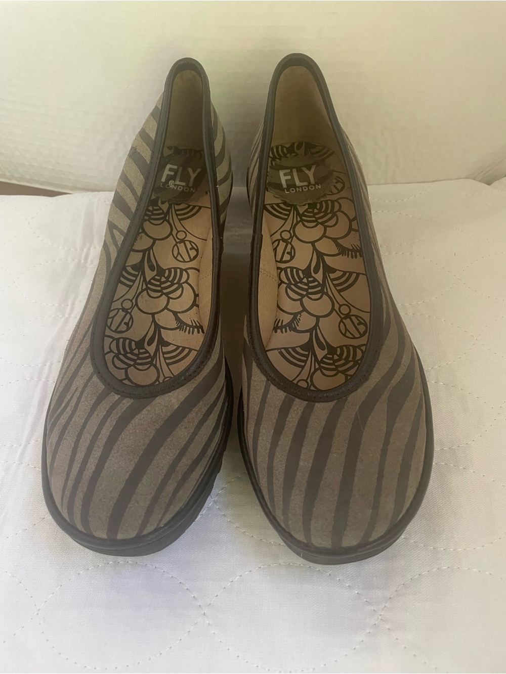Fly London Taupe & Dark Brown Striped Platform Flats